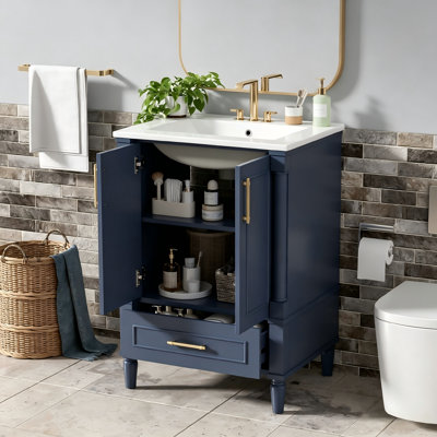 Meuble-lavabo moderne de 24 po avec motif orné et charnières à fermeture en douceur, armoire de salle de bain avec tiroir et structure ouverte au dos, pieds cylindriques français sculptés