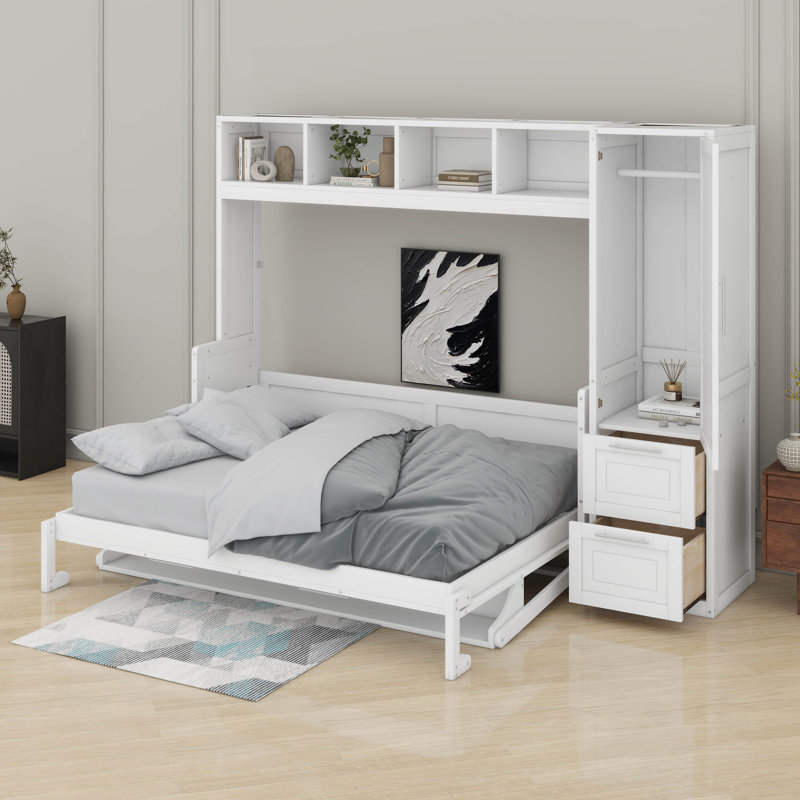 Grand lit escamotable avec placard et tiroirs, Blanc