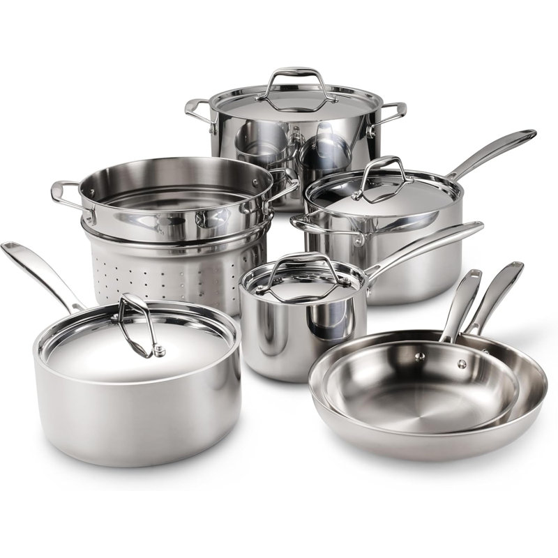 Ensemble de batterie de cuisine en acier inoxydable à trois couches avec couvercle, casseroles et poêles