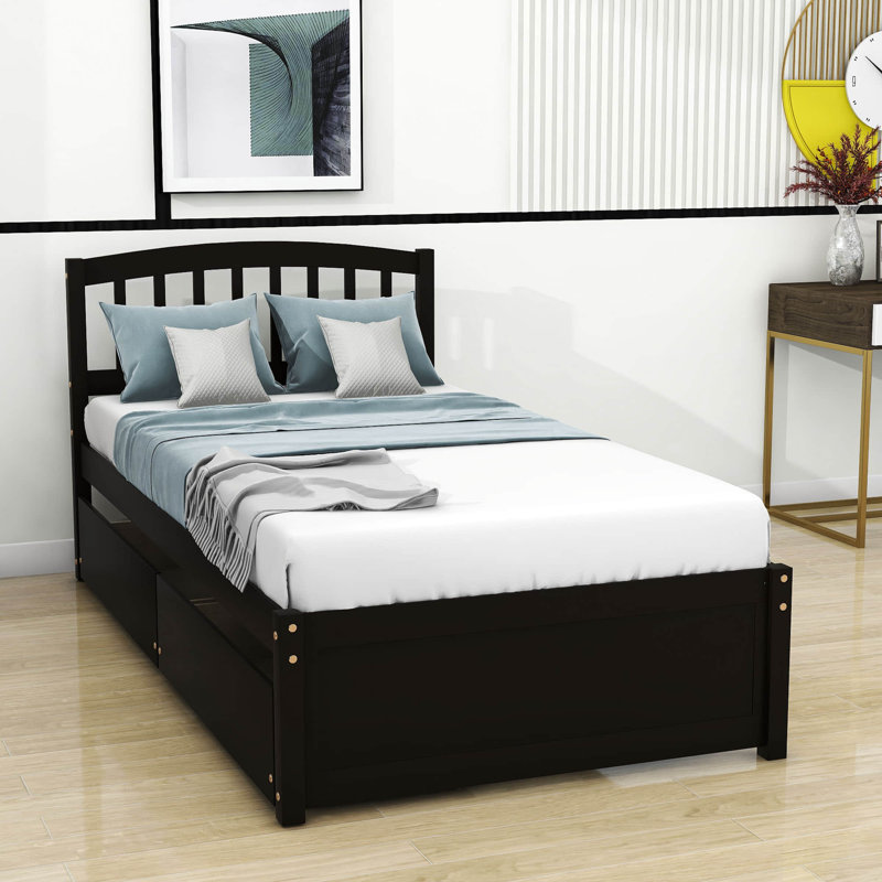 Lit plateforme simple avec tiroirs et rangement, Espresso