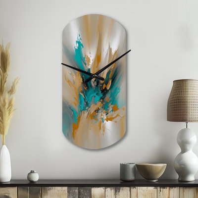 Jaune et turquoise, encre fluide en marbre - horloge murale asymétrique en métal, horloge murale moderne