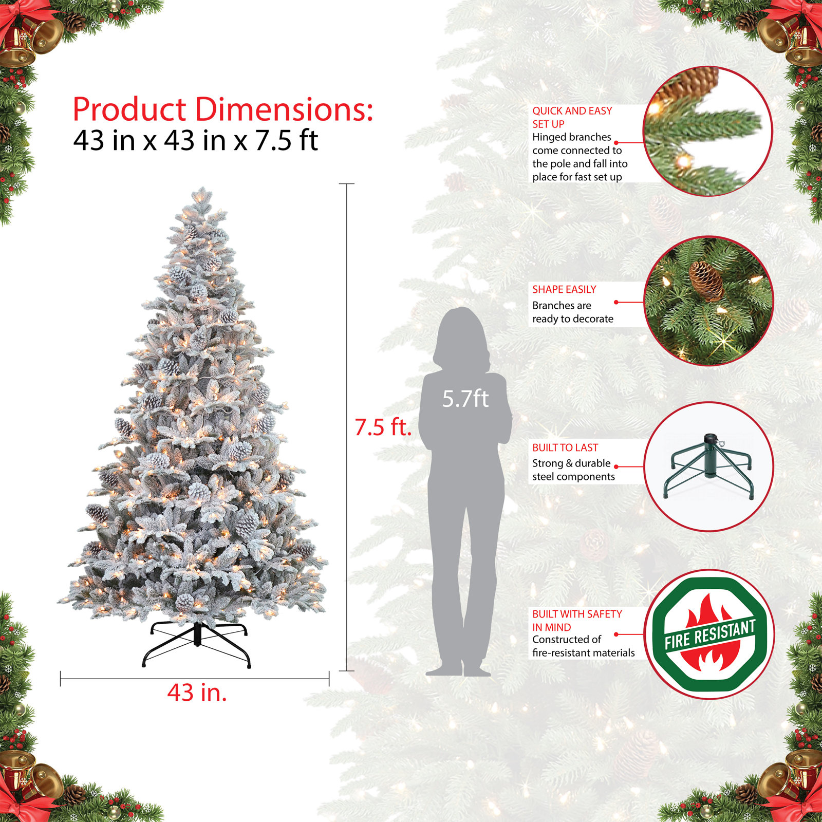 Lighted Artificial Spruce Christmas Tree, 7.5' H