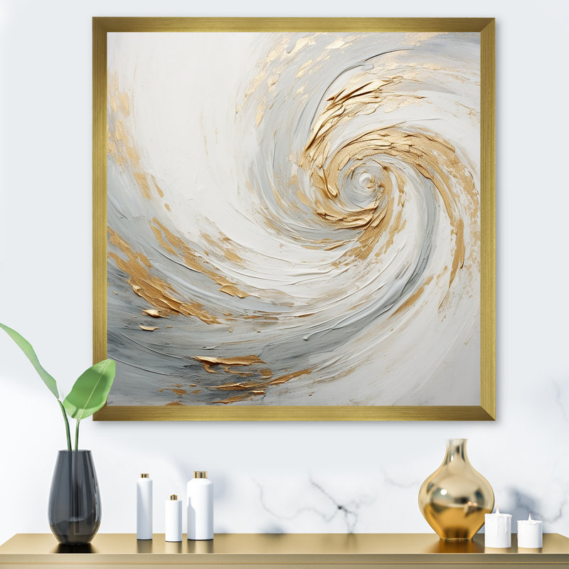 Vortex doux doré et blanc IV sur toile, Cadre doré simple, H 36 po x l 36 po x P 1,5 po