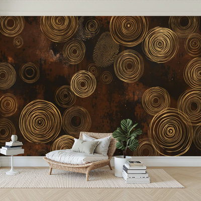 Peel and Stick Wallpaper 96" W x 69" H Modern Self Adhesive Wall Mural for Bedroom Abstract Golden Spiral Circles Dark Brown