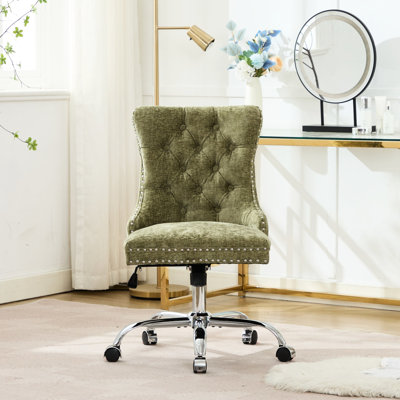 Chaise de bureau, revêtement en chenille moderne, bouton, réglable, pivotant, base en métal, assise large, garniture cloutée décorative fabriquée à la main, éponge à rebond élevé