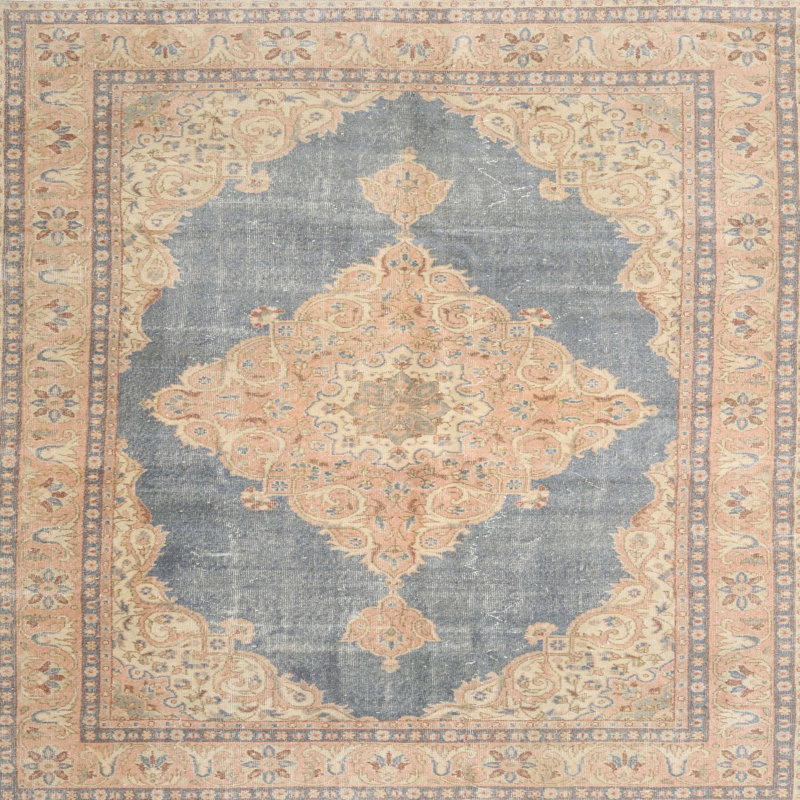 Tapis traditionnel orange / bleu Lobsien, Carré 7 pi