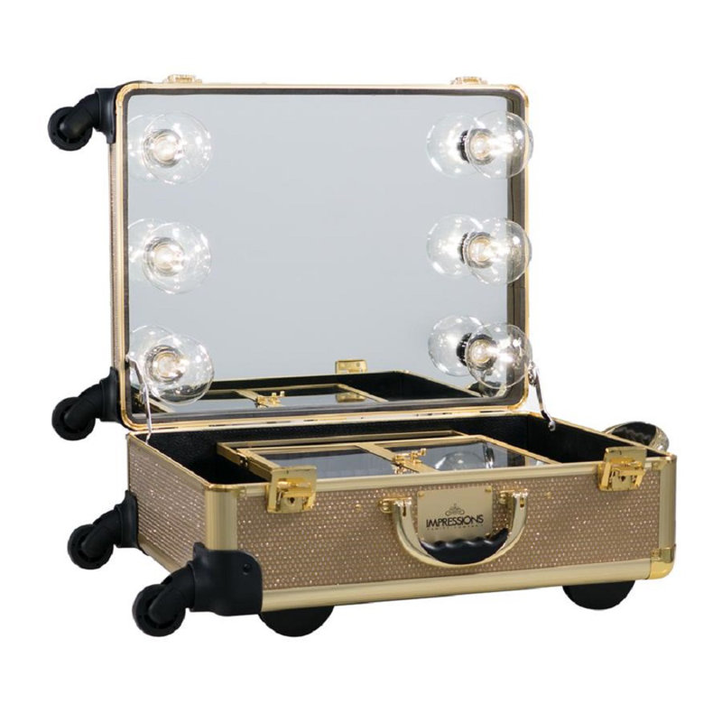 Slaycase XL Vanity Travel Train Case with LED Bulb Makeup Organizer Bag Including USB, Dimmer Switch, Champagne Sparkle