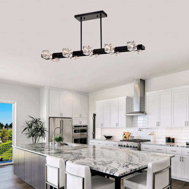 Lustre - rectangulaire pour salle à manger, 10 lumières de style maison de campagne noire avec luminaire suspendu de conception linéaire, luminaire suspendu en cristal de style moderne