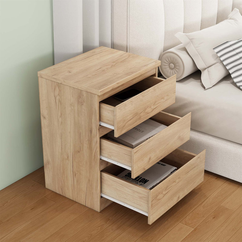 Ensemble de 2 tables de chevet en bois avec 3 tiroirs, Naturel, 2