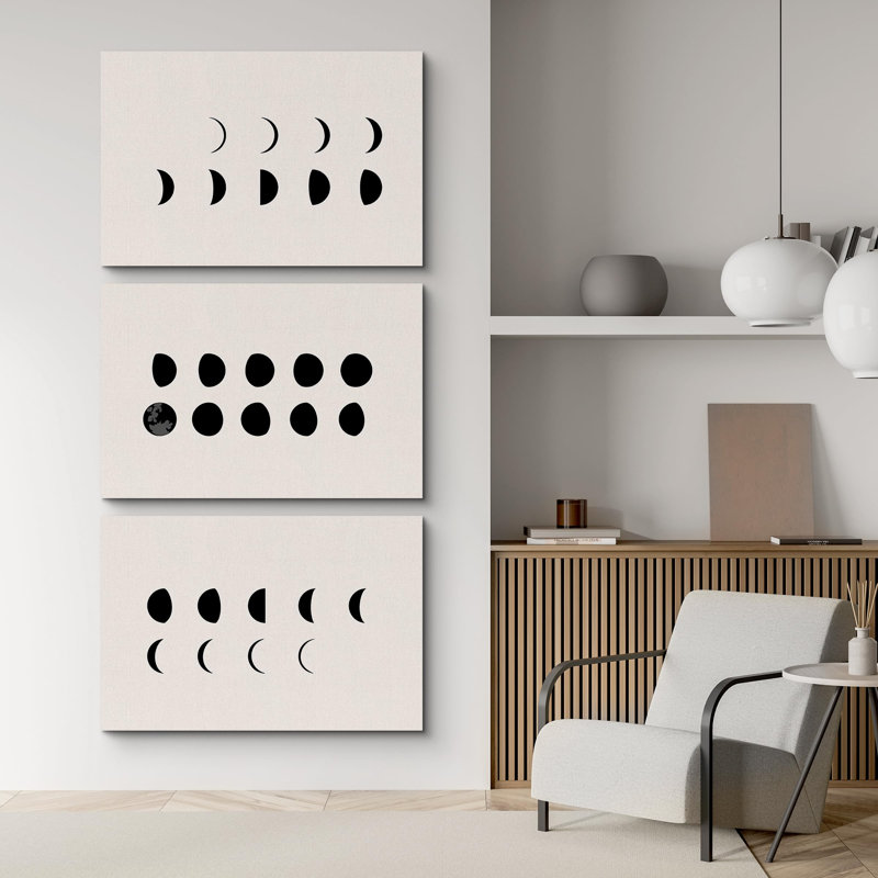 "Lune monochromatique moderne à phase lunaire minimaliste" 3 pièces, Toile tendue, H 16 po x l 24 po