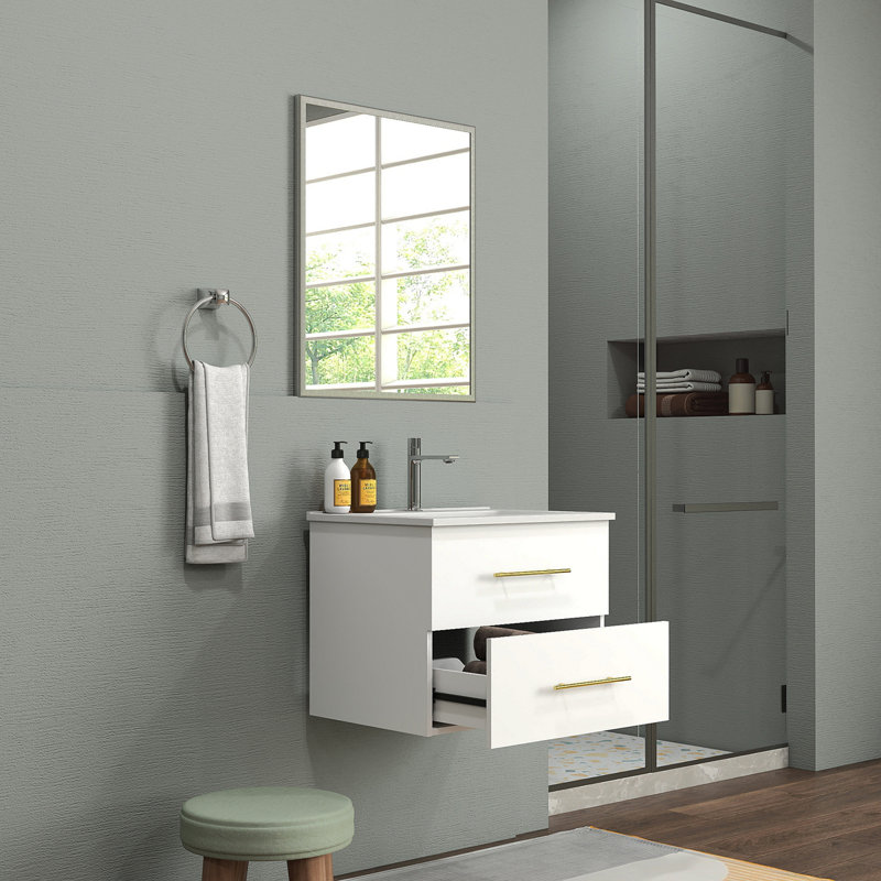 Ensemble de meuble-lavabo mural 24 po avec lavabo et miroir, deux tiroirs, lavabo en céramique, structure en aluminium argenté, assemblage facile, poignée longue en métal doré, 2 tiroirs de rangement, blanc brillant