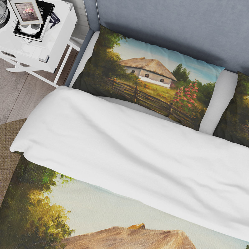 Ensemble de housse de couette House On The Mountain With Blossoming Flowers II - Traditional Polyester