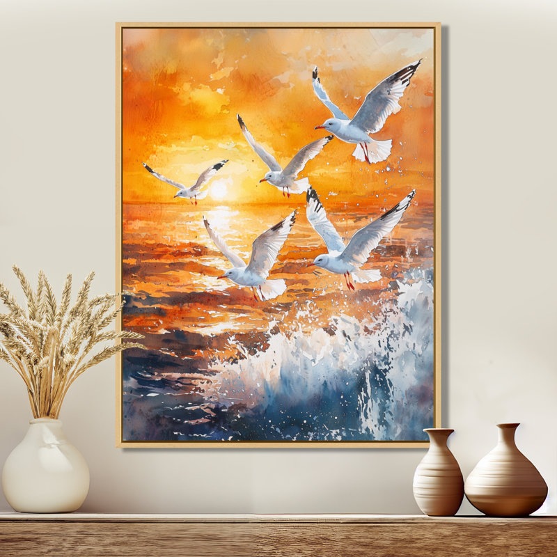 Axen Seagulls At Sunrise I - Art mural oiseau pour le salon, H 32 po x l 24 po, Impression encadrée flottante, Crème, crème