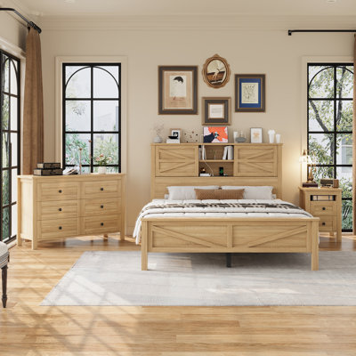 Farmhouse Full 3-Piece Bedroom Set with Sliding Door Storage Headboard, Charging Station, Nightstand & Dresser in Natural by Ophelia & Co.