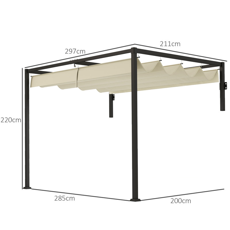 2 X 3(m) Lean To Steel Pergola With Moving Fabric Canopy, Powder-coated Steel Frame, 4 Ground Stakes & 12 Expansion Screws, Outdoor Garden Wall-mounted Shelter, Khaki