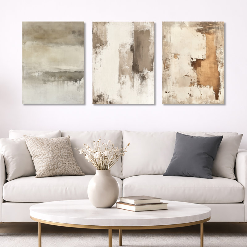 «Neutral Limewash Calm - Abstract Minimalisme», reproduction de toile encadrée 3 pièces, Toile tendue, H 32 po x l 72 po