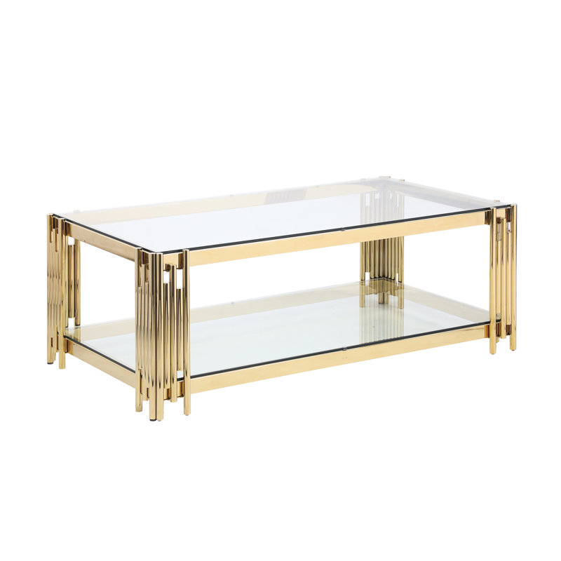 Table basse de 48 po de largeur avec plateau en verre, acier inoxydable doré, table de salon et verre en acier élégant
