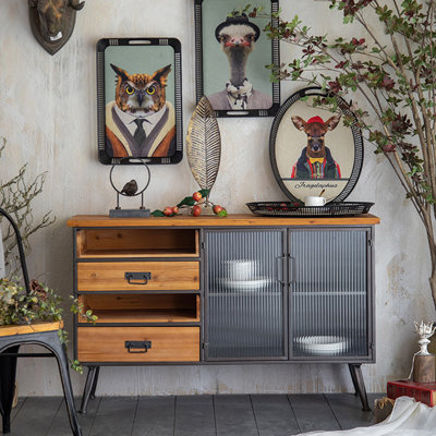 Brown+Black Solid Wood+Iron Sideboard