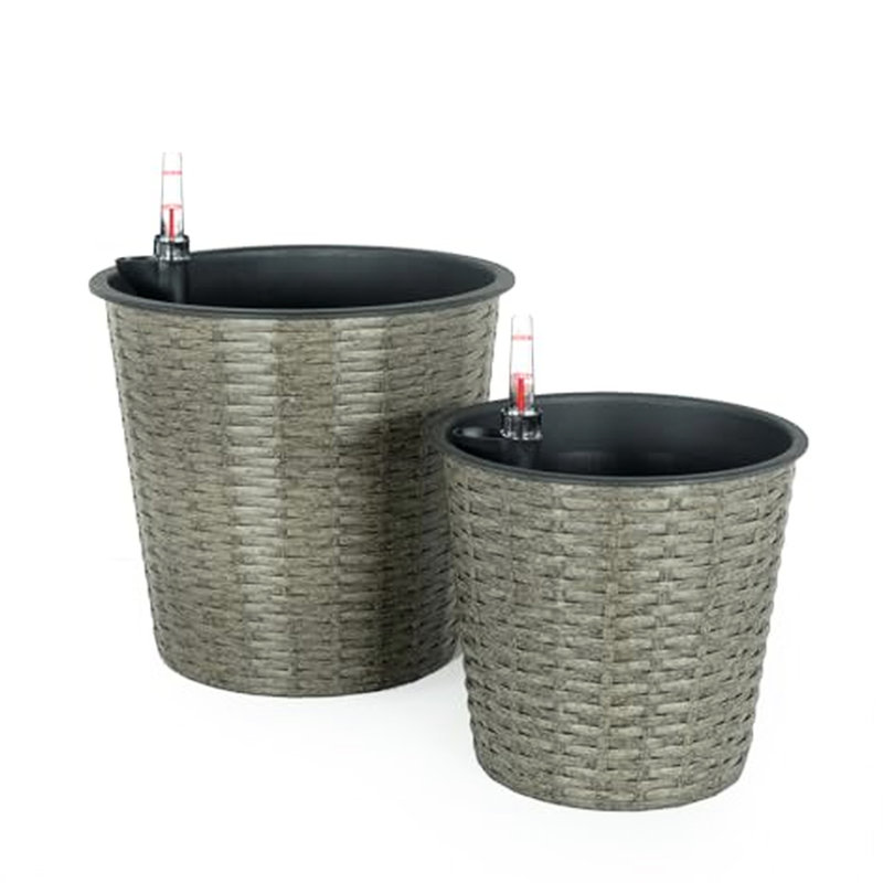 2 Self-Watering Planter - Grey Round For Courtyard Beauty Planters Outdoor Court Decor