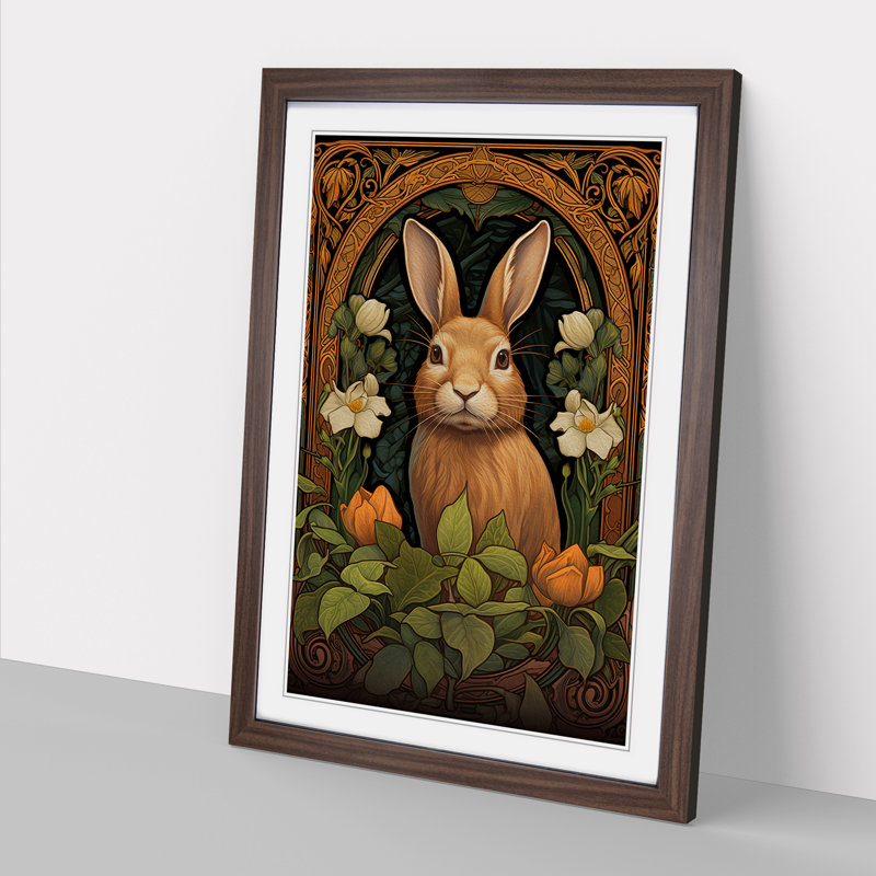 XYZ-FRM-V1223-5328 Rabbit Nouveau No.2 - Single Picture Frame Print on Wood, 34cm H x 25cm W x 2cm D, Walnut