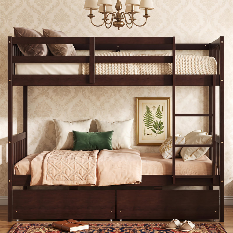 Lit superposé simple au-dessus de simple en bois d'hévéa, convertible en 2 lits simples séparés avec 2 tiroirs, échelle et barrières de sécurité