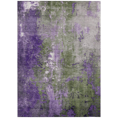 3' X 5' Olive Green And Purple Abstract Washable Indoor Outdoor Area Rug