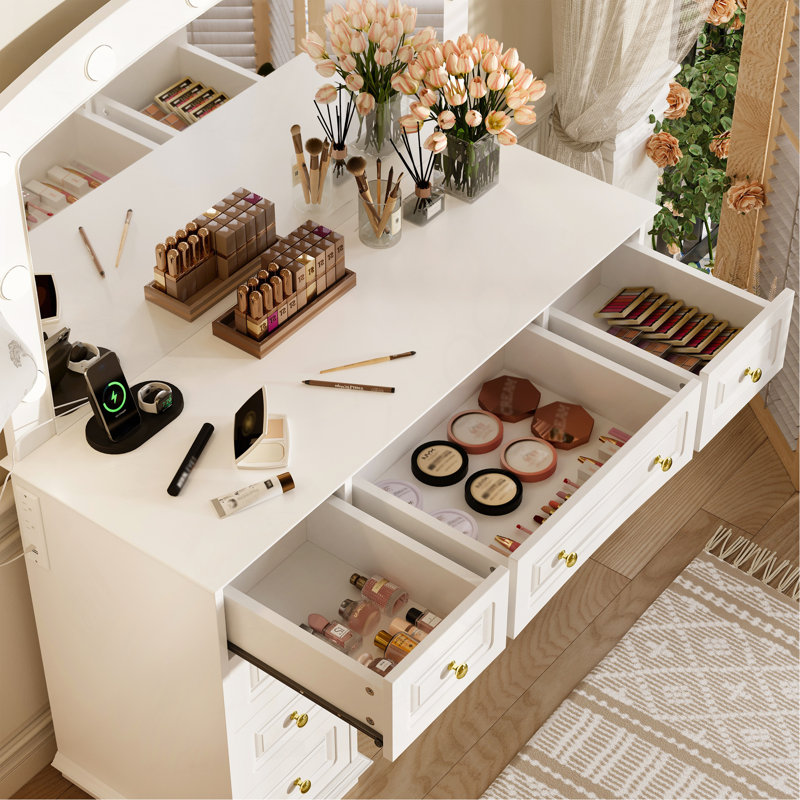 Meuble-lavabo luxueux avec 10 ampoules Hollywood, 3 modes d'éclairage couleur, une coiffeuse classique avec tabouret rembourré et 9 tiroirs de rangement pour la chambre à coucher, blanc