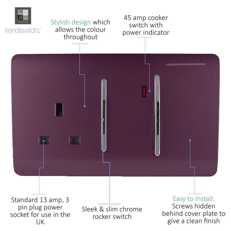 Trendi Switch 45 Amp Cooker Switch & 13 Amp Plug Socket with Neon, Plum