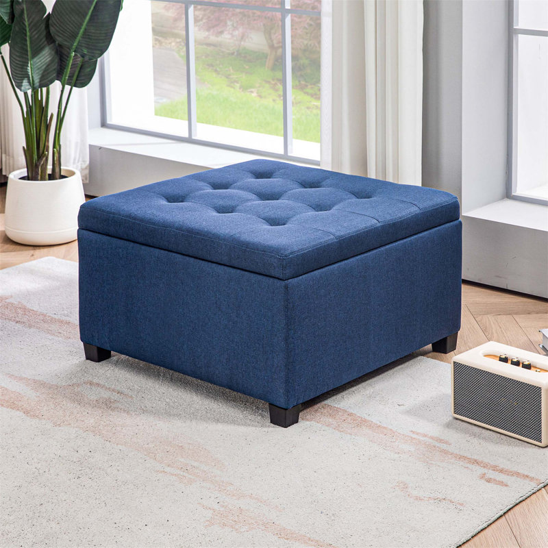 Vintage Fabric Tufted Storage Ottoman With Flip Top, Metal Hinge, And Eucalyptus Wood Frame For Home Decor, Blue
