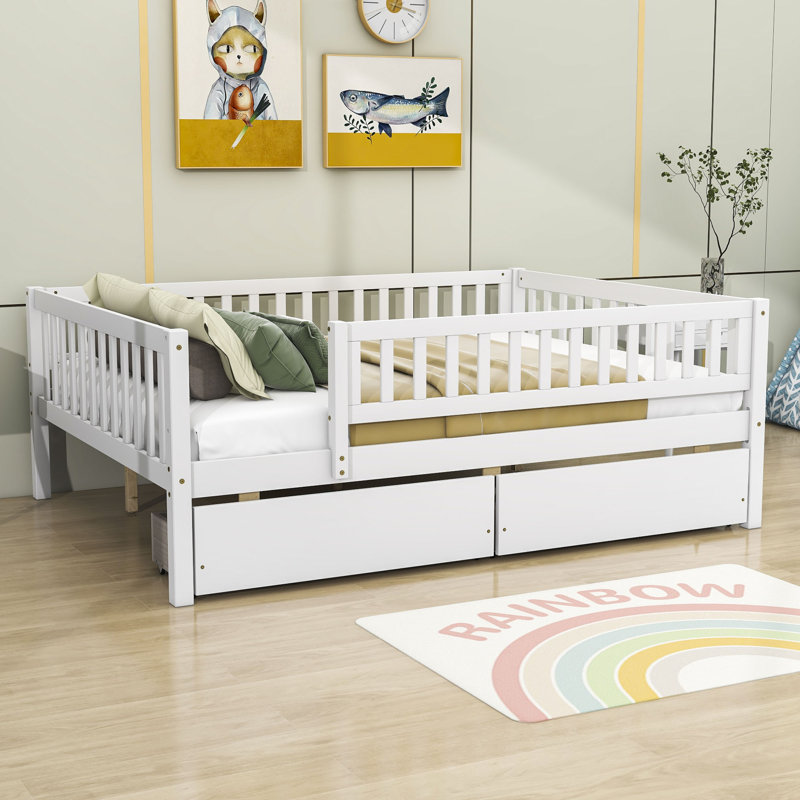 Full Size 2 Drawers Wooden Daybed with Fence, White