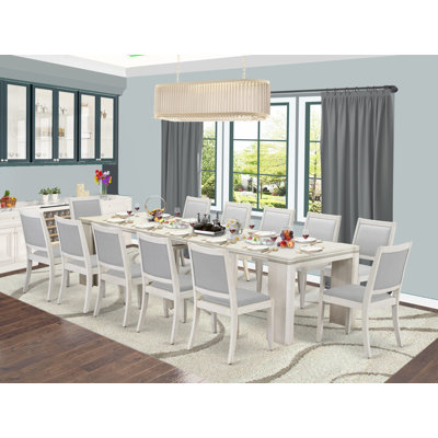 Ensemble de salle à manger extensible 13 pièces comprenant une table rectangulaire Xtenczar et 12 chaises empilables en similicuir gris clair, blanc antique