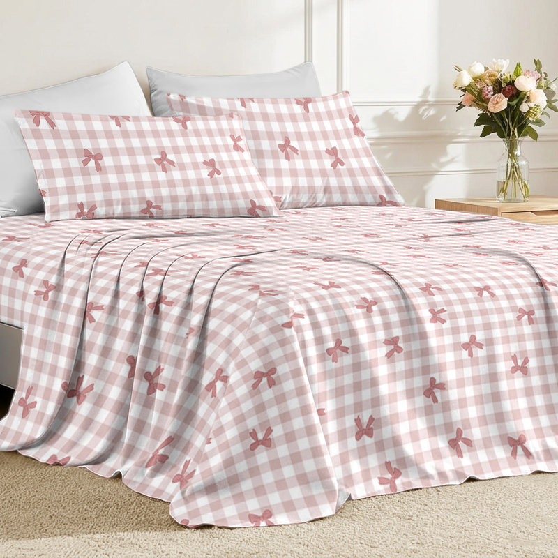 Sheet Set, Twin Sheet Set with 1 Pillowcase, Gingham Plaid Bow