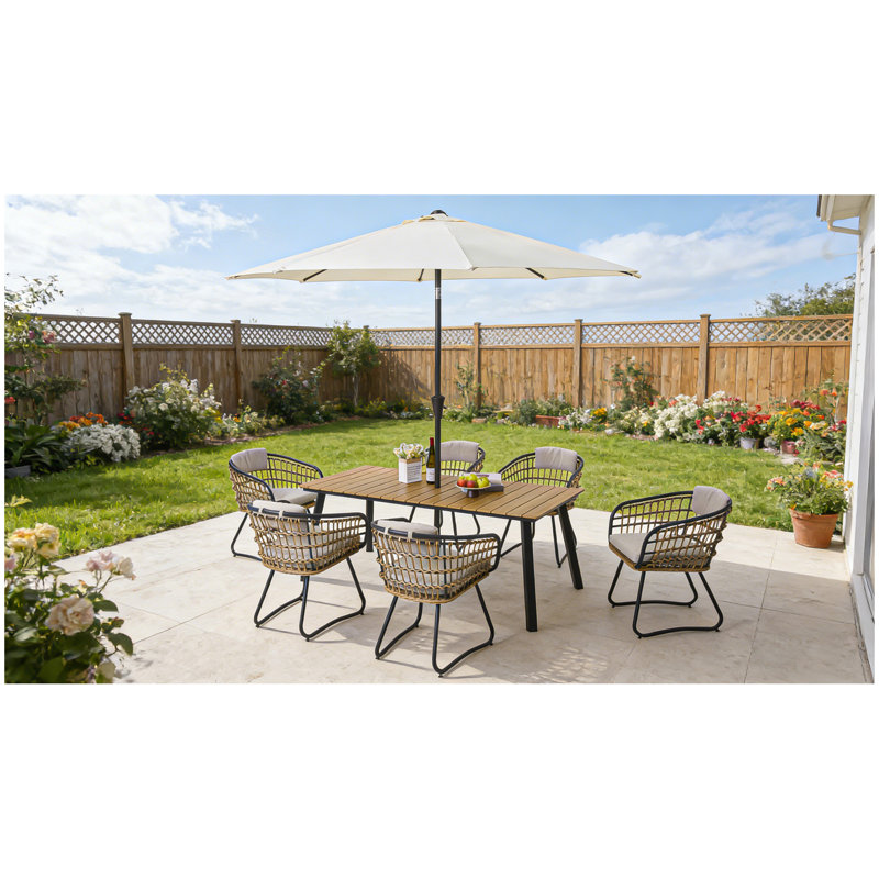 7-Piece Outdoor Wicker Dining Set with Wood-Plastic Composite  board Table