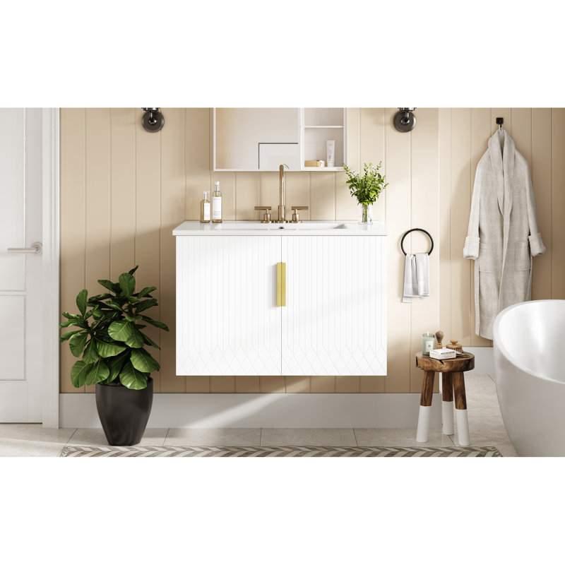 Meuble-lavabo vintage de 30 po avec lavabo en céramique à 3 trous, 2 portes, rangement réglable, fixation murale, évier facile à nettoyer avec trous brillants, esthétique moderne, tablette, fini égratigné et solide