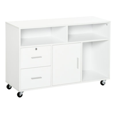 Support d'imprimante pour bureau personnel - Organisateur d'armoire mobile blanc avec 2 casiers verrouillables, un tiroir et des stylos à roulettes, 3 roulettes de rangement, 3 tablettes