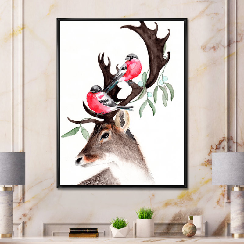Cerf avec deux bouvreuils rouges - reproduction sur toile, Toile à cadre flottant noir, H 20 po x l 12 po