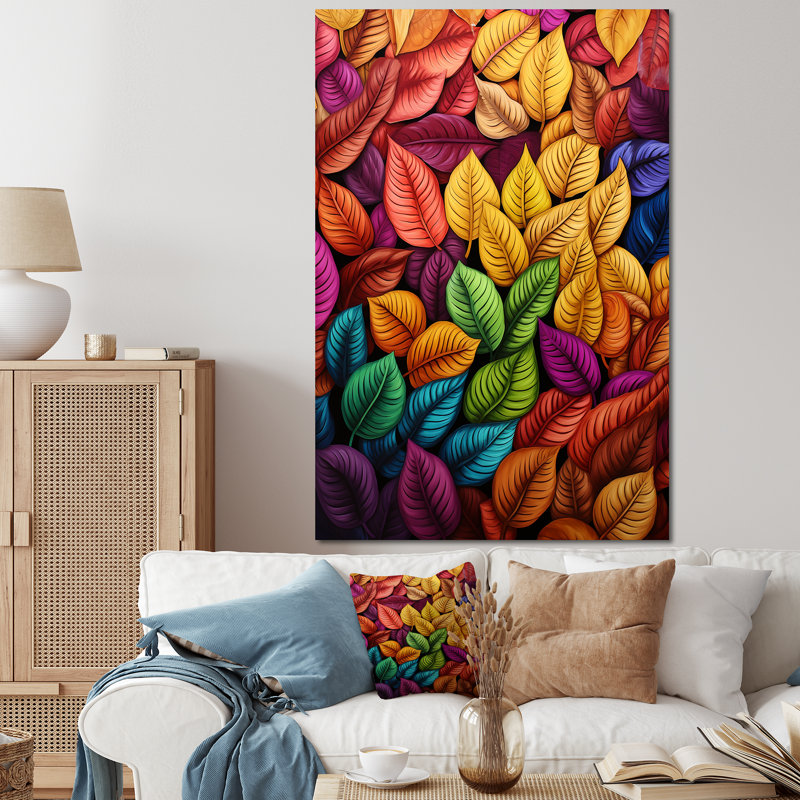 Rouge coloré et feuilles d'automne jaunes - art mural feuilles, Toile tendue, H 60 po x l 40 po x P 1,5 po
