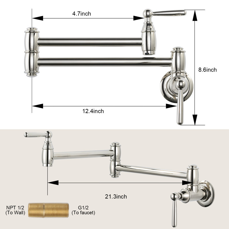 Wall Mounted Brass Pot Filler with 2 Handles, Polished Nickel