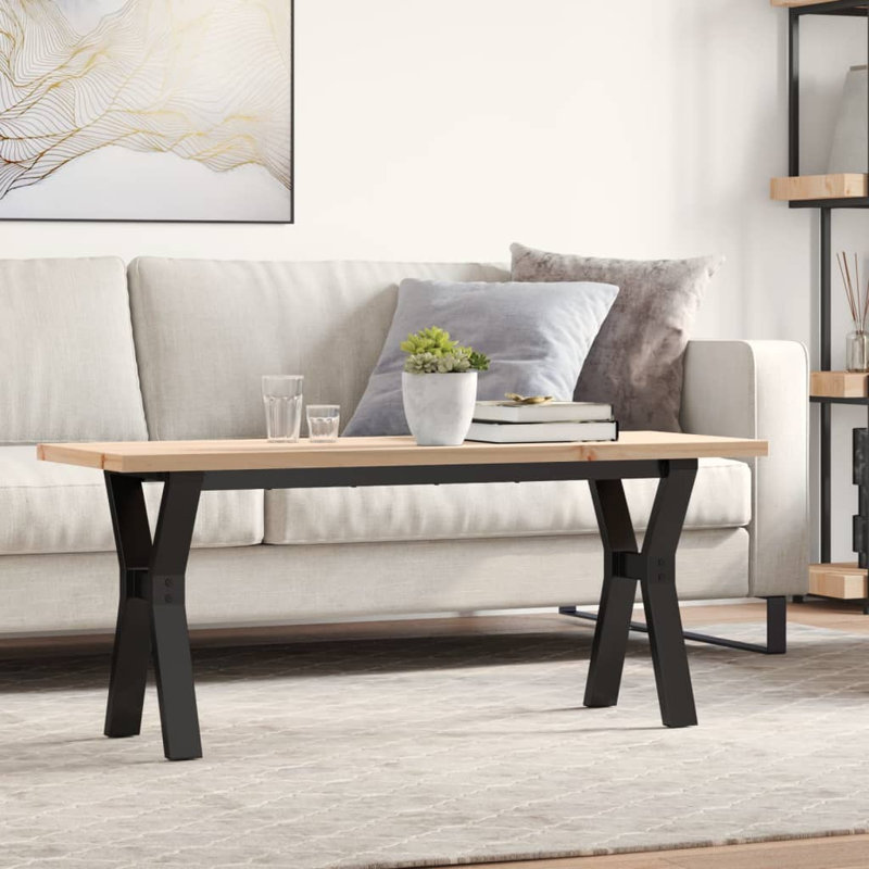 vidaXL Coffee Table Y-Frame Solid Wood Pine and Steel, 45.5cm H x 110cm L x 40cm W