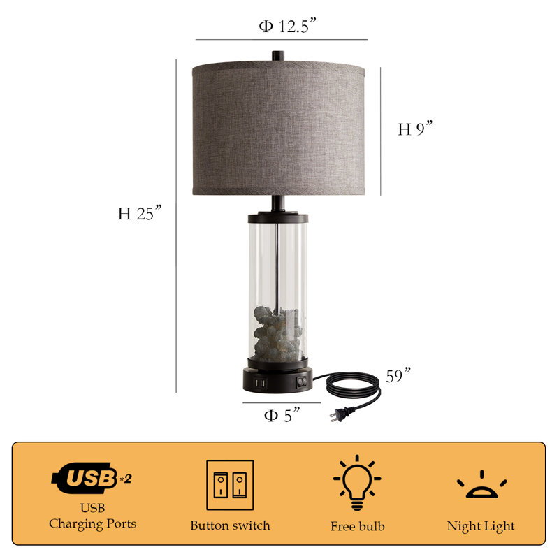 Farmhouse Table Lamps Set of 2 for Bedroom Nightstands, with USB Charging Ports & Night Light, Coral Glass Base, Fabric Shade, LED Bulbs Included