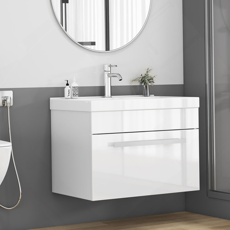 Meuble-lavabo mural de 24 po avec tiroir à fermeture en douceur, finition blanc brillant et lavabo en céramique à bords épais unique pour les salles de bain modernes
