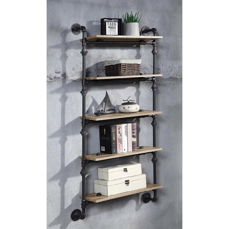 5 Tier Floating Wall Shelf, Oak, Sandy Black, Water Pipe Style, Mounted, Office Decor, Storage Display Home Storage,