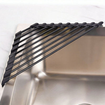 Triangle Roll-Up Dish Drying Rack For Sink Corners, Silicone Coating, Space-Saving, Black