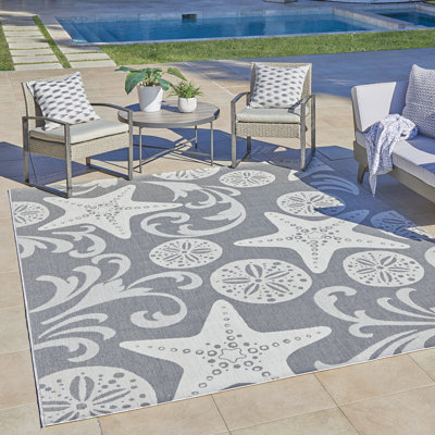 Solterra Marella Gray Cream Ivory Nautical Tropical Flatweave Polypropylene Indoor/ Outdoor Area Rug