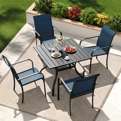 Behrendt 4-Person Patio Dining Set with Square Metal Dining Table and Stackable Textilene Armrest Chairs 