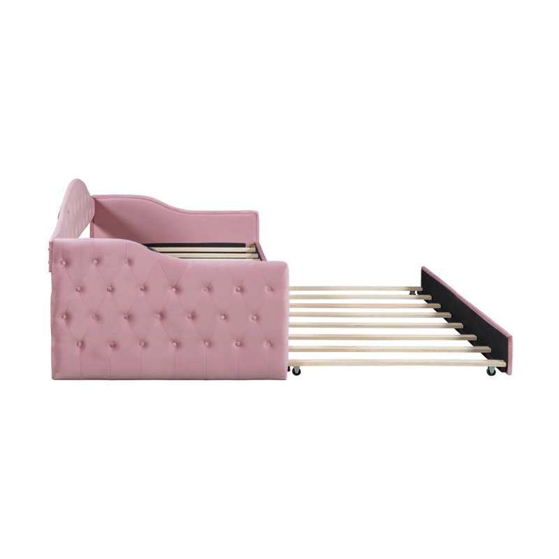 Twin Size Tufted Upholstered Daybed with Trundle ,Velvet Sofabed with USB&Type-C Charging Ports,No Box-spring Needed, Pink