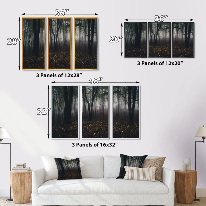 «Dark Spooky Misty Wild Forest», ensemble d'art mural sur toile encadré forêt, H 32 po x l 48 po, Naturel
