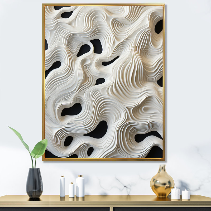 Vagues monochromes en noir et blanc, H 40 po x l 30 po x P 1,5 po, Cadre flottant doré