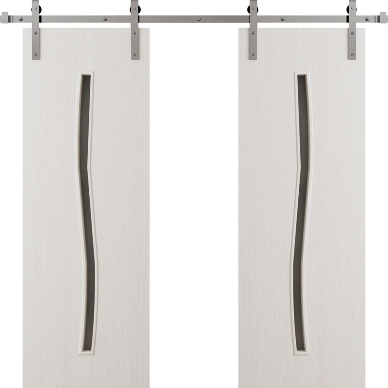 Porte de grange double moderne - ESSENTIEL 8002 - Ensemble de rail 14 pi - Portes intérieures à panneau plein, Cendre Franko