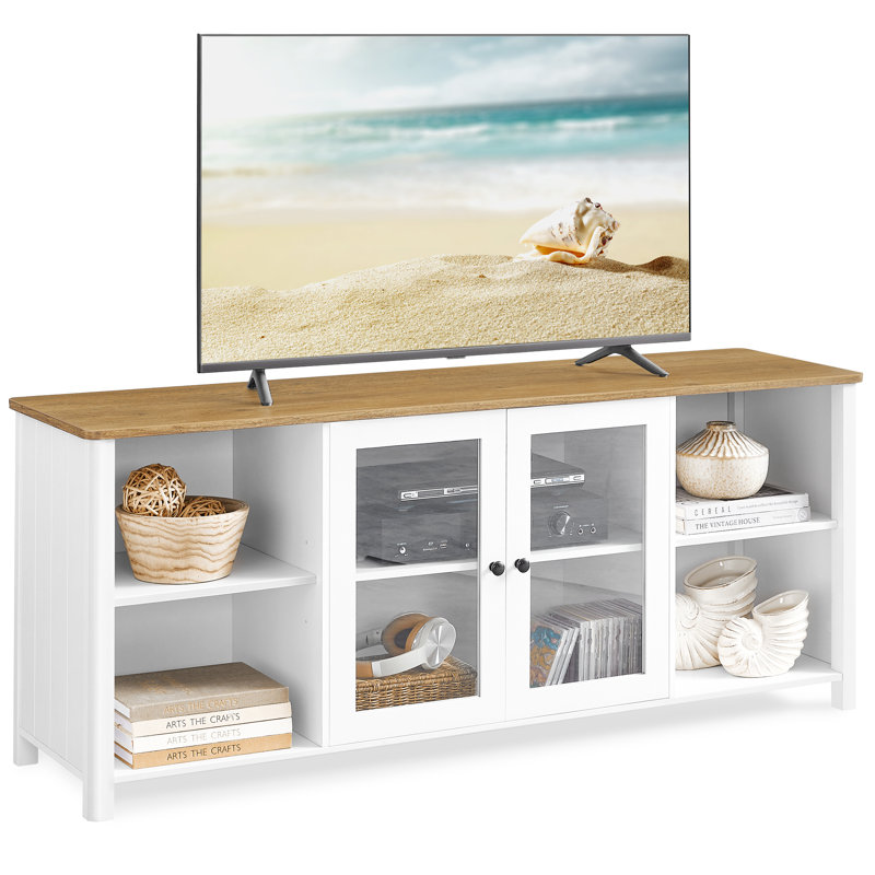 Meuble télé pour téléviseur de 65 po ou moins avec tablettes ouvertes Arainn, Blanc/chêne